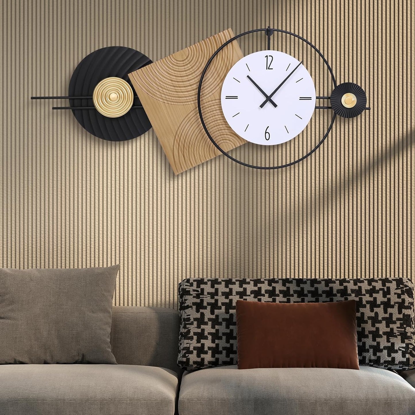 37.7X21Inch Large Modern Wall Clock Geometric Dial-Solid Wood Metal Frame Silent Non Ticking Wall Clocks for Living Room, Bedroom Decoration, Contemporary Home Wall Decor Gift Idea