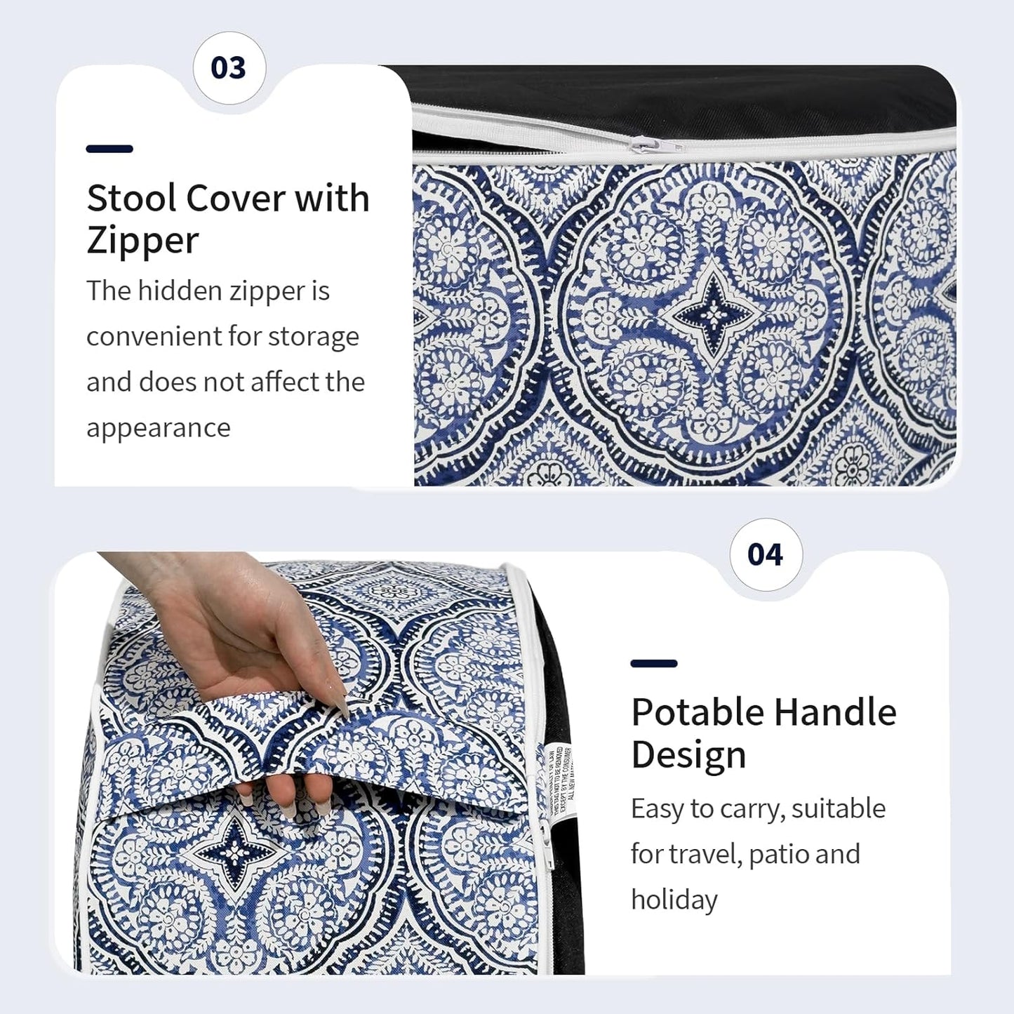 Inflatable Ottoman Stool D21 xH9 for Outdoor/Indoor Use, Water Repellent Patio Foot Rest Stool with Portable Handle,Round Pouf Ottoman Suitable for Garden,Deck and Camping - Medallion Blue