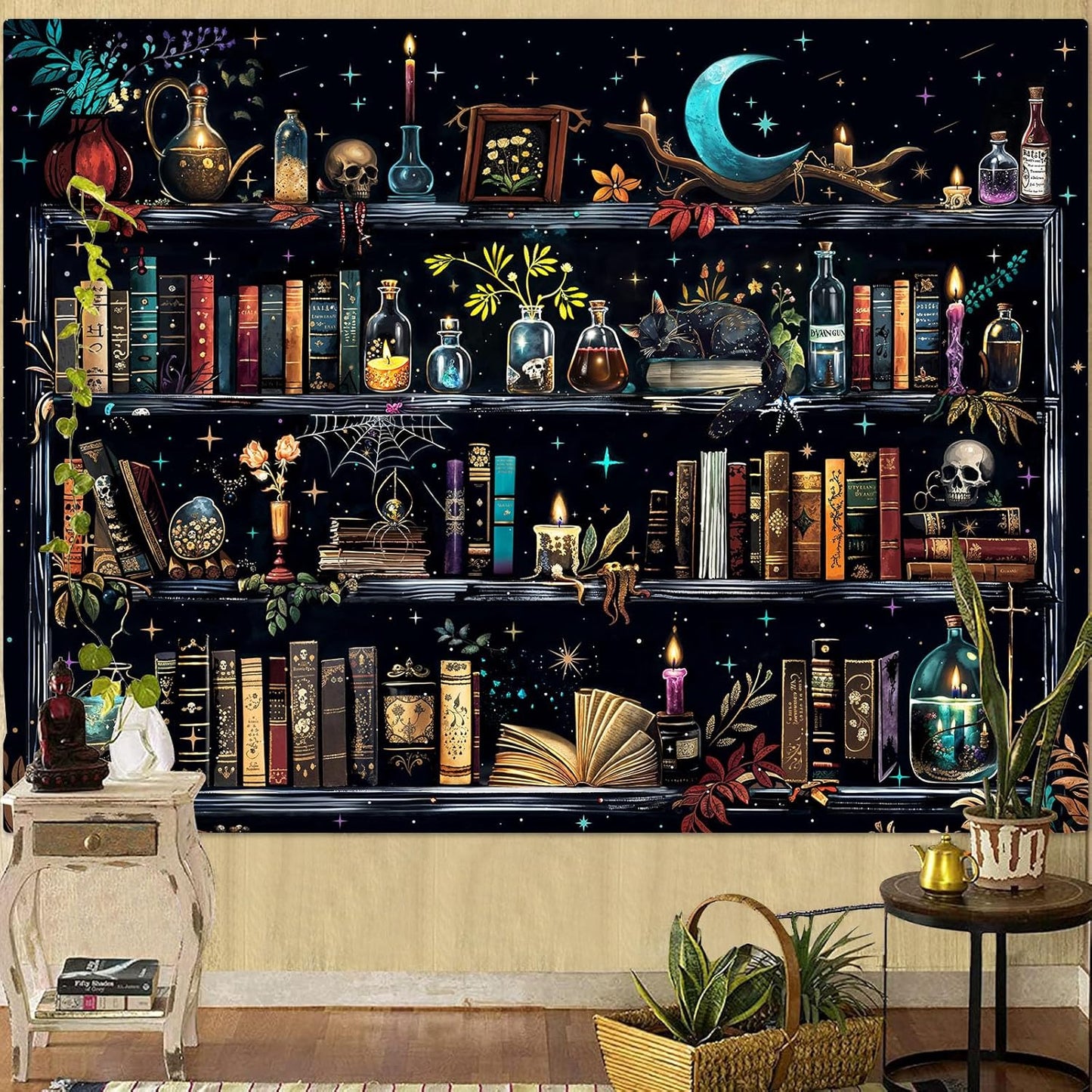 Accnicc Magic Bookshelf Tapestry Magical Witchy Potion Dark Hippie Haloween Tapestries Wall Hanging Gothic Skull Black Cat Library Book Large Tapestry for Bedroom Living Room Dorm 90 x 68 inch