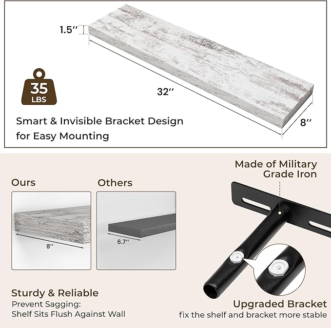 RICHFOCUS 31.5Inch Floating Shelves for Wall 2 Pack Shelves for Bedroom|Kitchen|Bathroom Wall Mounted Rustic Distressed Wood Floating Shelf with Invisible Brackets for Books|Storage|Decor, Rustic