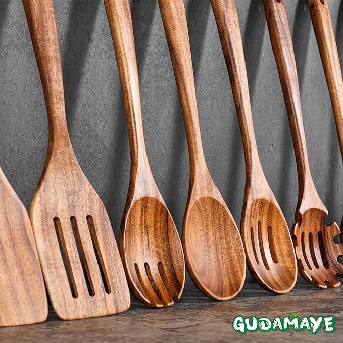 Gudamaye 13 inch Long Wooden Spoons for Cooking, 9 PCS Natural Teak Wooden Kitchen Utensil Set with Utensils Holder Made of Australia Camphor Laurel Wood，Wooden Utensils for Cooking