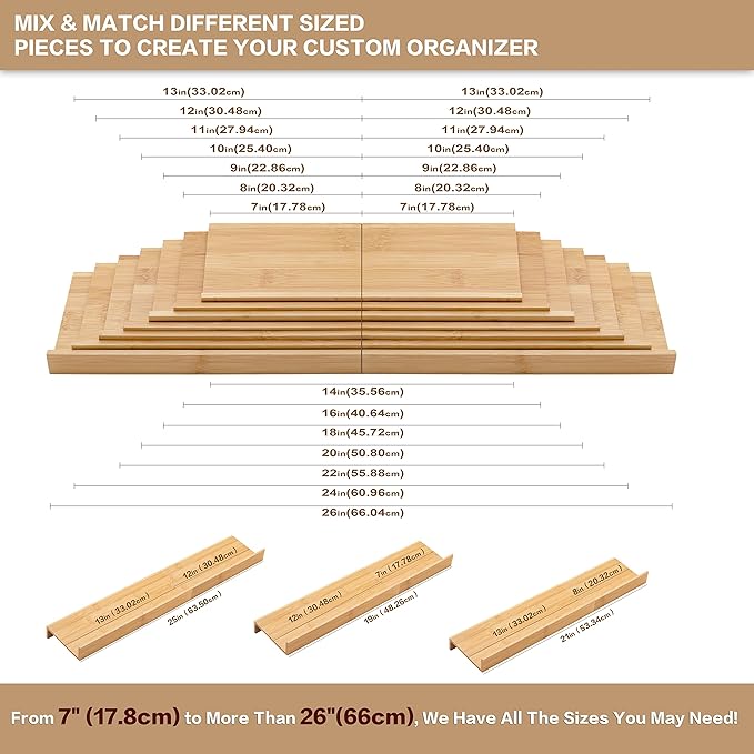 Bamboo Spice Rack Drawer Organizer - 8 Pieces Set- 11" Wide Per Piece - Combine Pieces Into 22" Wide Rack (11" or 22")