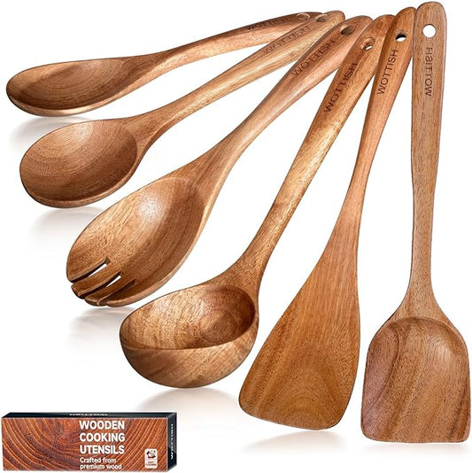 Wooden Spoons - Wooden Spoons for Cooking,Natural Wooden Kitchen Utensils Set Non Toxic,6-Piece Wooden Cooking Utensils(A06)
