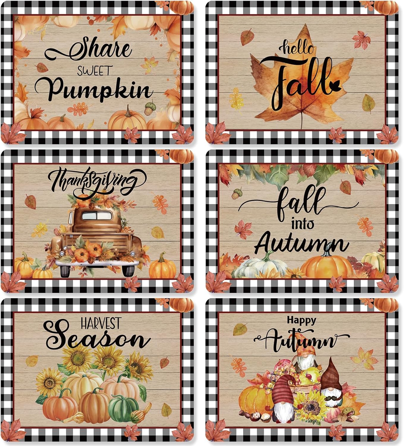 Fall Placemats Set of 6 Buffalo Plaid Thanksgiving Plastic Table Mats Autumn Vintage Maple Leaf Place Mats Pumpkins Truck Leaves Fall Table Decoration for Indoor Outdoor Party Kitchen Dining