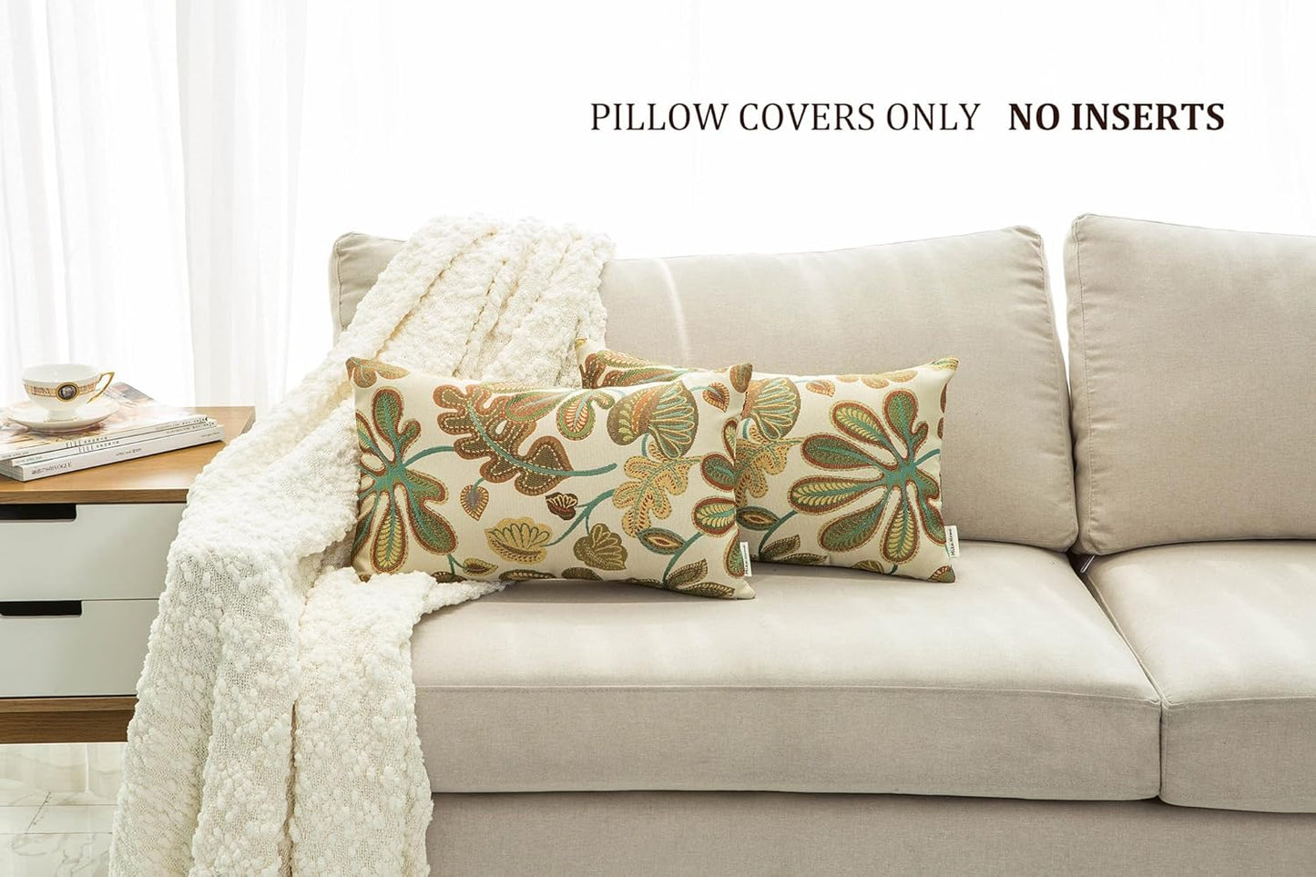 Set of 2 Jacquard Tropical Leaf Pattern Oblong Throw Pillow Covers Accent Pillowcase 12X20 Inches,Teal Cream