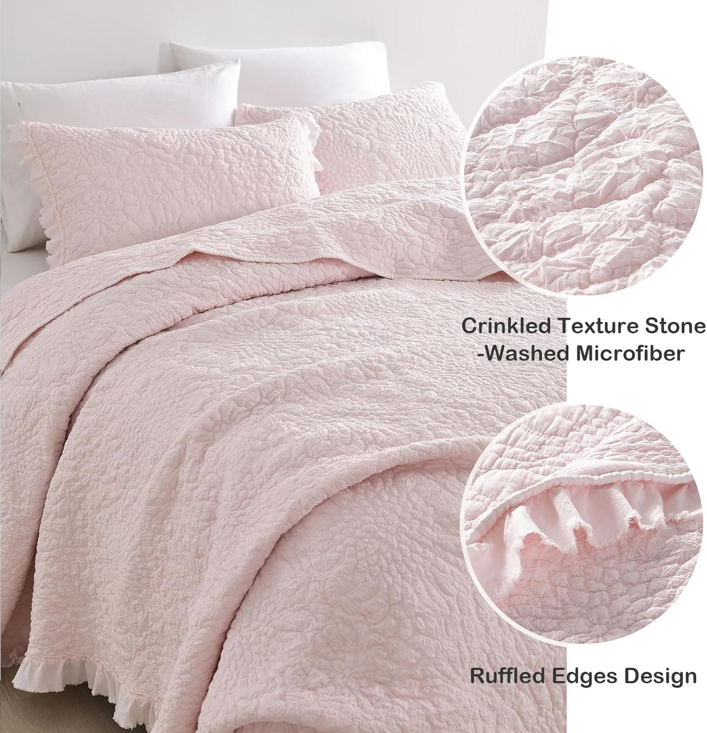 HORIMOTE HOME Pink Ruffled Quilt Queen Size, Stone-Washed Microfiber Lightweight Crinkled Farmhouse Rustic Shabby Chic Bedding Set, 3 Pieces Reversible Bedspread with Pillow Shams for All Season