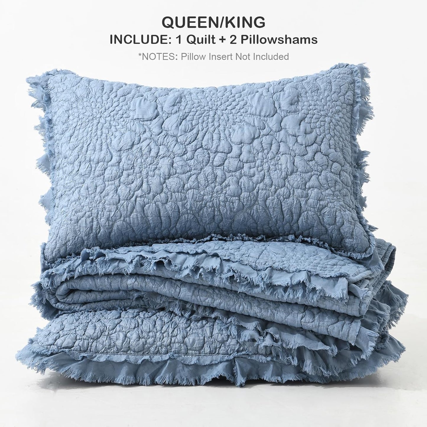 HORIMOTE HOME Blue Ruffled Quilt King Size, Stone-Washed Microfiber Lightweight Crinkled Farmhouse Rustic Shabby Chic Bedding Set, 3 Pieces Reversible Bedspread with Pillow Shams for All Season