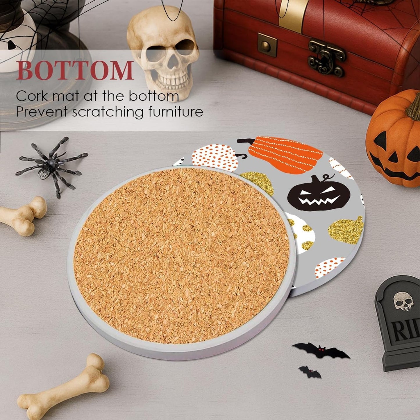 Coaster for Drinks Set of 6, Happy Halloween Trick or Treat Pumpkin Absorbent Round Ceramic Stone Mat, with Cork Base and Metal Holder, Gift for Housewarming Room Bar Decor