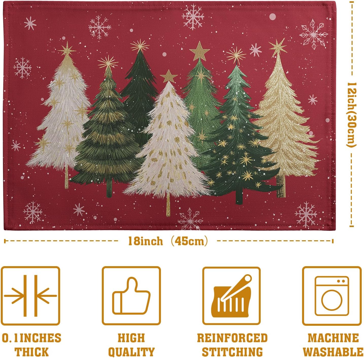 Red Christmas Tree Placemats Set of 4, 12x18 Inch Xmas Trees Snowflakes Winter Holiday Place Mats Seasonal Washable Linen Table Mat for Indoor Outdoor Kitchen Dining Party Decor