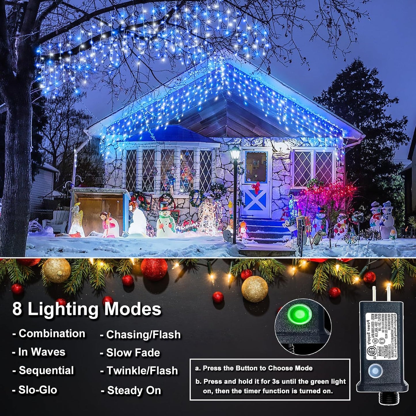 66FT 640 LED Icicle Lights for Outside, Icicle Christmas Lights Outdoor with 8 Modes Timers, Waterproof Plug in Twinkle String Light for Yard Eave Patio Party Holiday Decorations, Blue White
