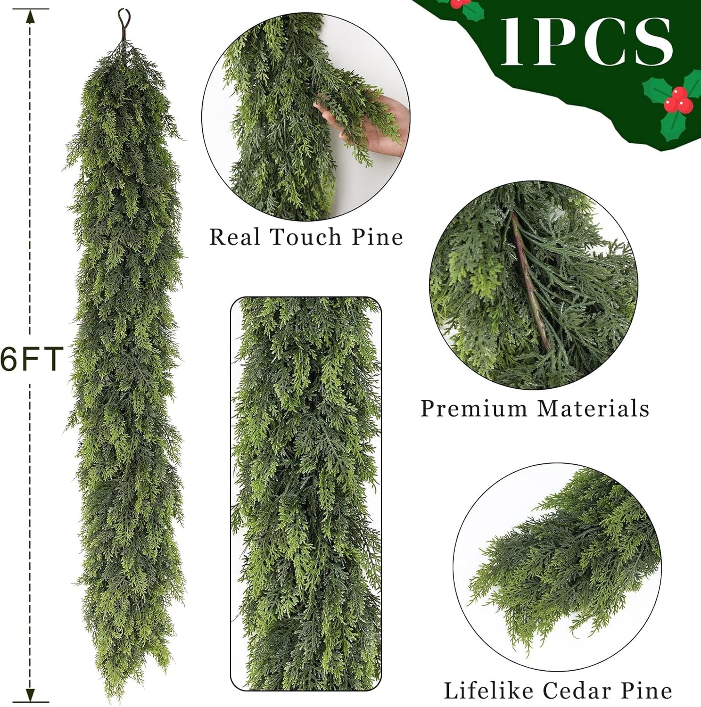 6FT Real Touch Cedar Garland - Artificial Christmas Garland Fake Green Faux Thick and Lush Pine Needles Garlands for Table Fireplace Mantle Holiday Home Indoor Outdoor Decor (1PCS)