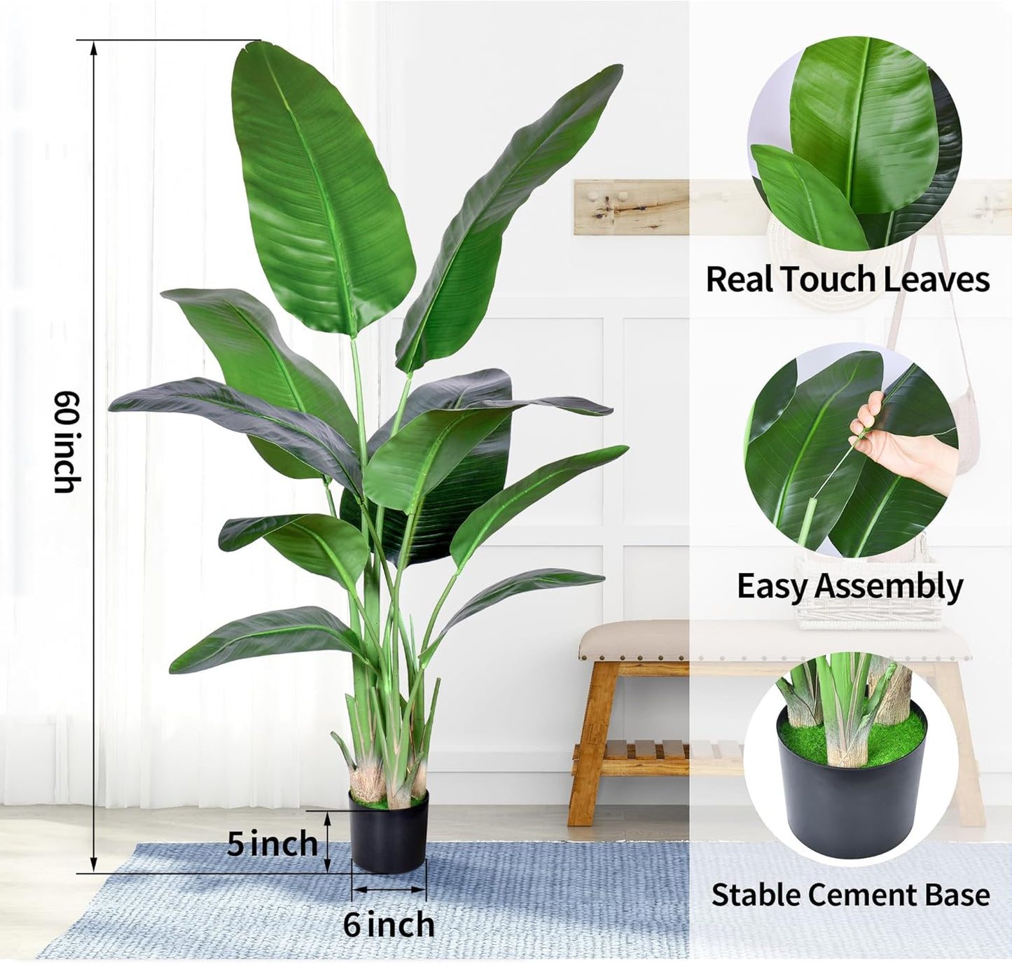 Artificial Bird of Paradise Plant,Faux Palm Tree Potted Plant with Real Touch Leaves,Fake Trees for Home Living Room Office Indoor Outdoor Decor(5FT-1Pack)