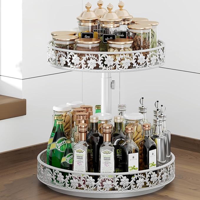 2 Tier Lazy Susan Organizer Turntable Adjustable,12 Inch Two Tier Lazy Susan Metal Easy Assembly Cleaning, Rotating Spice Rack Organizer for Cabinet Dining Table Kitchen Countertop White