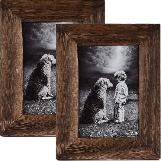 Yaetm-4x6 Picture Frame Set of 2, Natural Solid Wood Distressed Photo Frame, Display On Tabletop And Wall, High Definition Real Glass, Carbonized Black (2 pack)