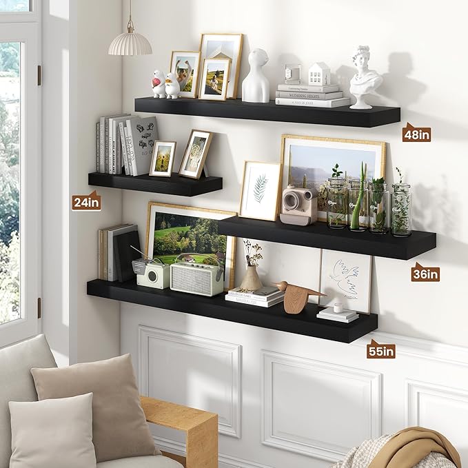 Heimlove 36 Inch Floating Shelves for Wall Set of 2,Black Wall Shelves for Storage & Decor - Heavy Duty with Invisible Brackets,Perfect for Living Room,Bedroom,Home Office