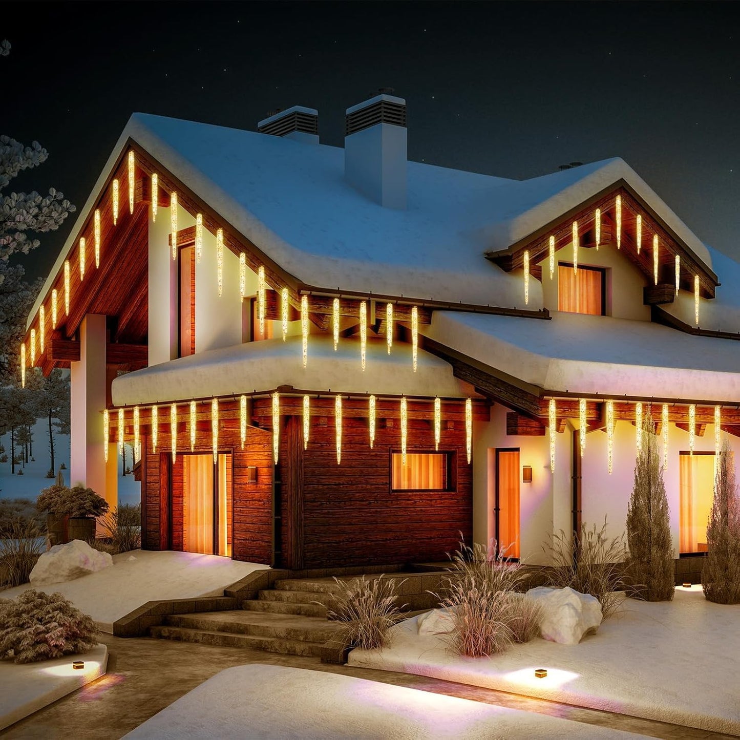 Brightown Christmas Meteor Shower Icicle Lights Outdoor, 2 Pack Total 40ft with 40 Large Tube 960 LED Dropping Effect, Waterproof Decorations for House Eave Roofline, Warm White