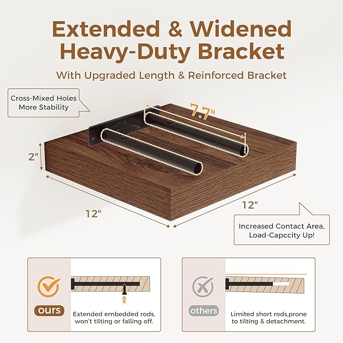 Fun Memories 12 Inch Floating Shelf, Rustic Wood Wall Shelves for Wall Decor & Storage, 12 x 12 Floating Shelf for Living Room, Bathroom, Bedroom, Walnut, Set of 2