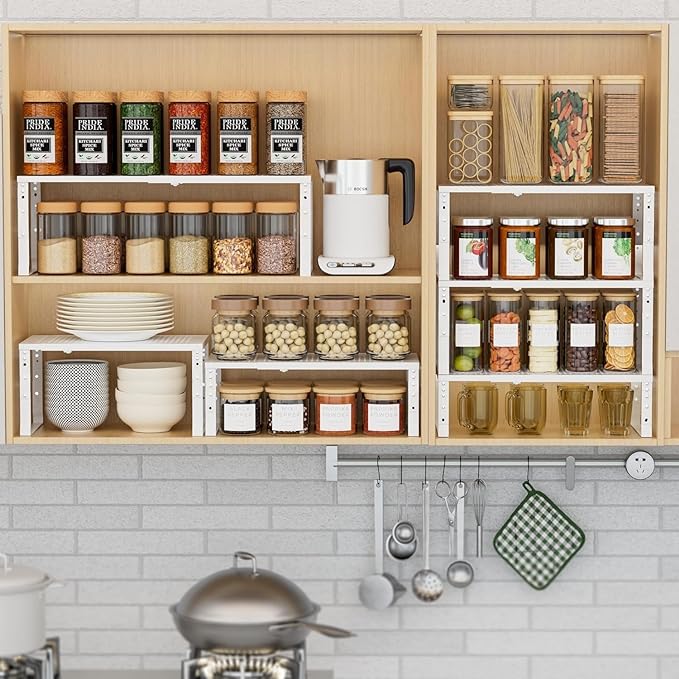 Expandable Spice Rack Kitchen Cabinet Shelf Organizer, Stackable Storage Shelves Racks, Adjustable Counter Shelving for Cabinets, Countertop, Cupboard,Pantry and More(3Packs/White/Medium)