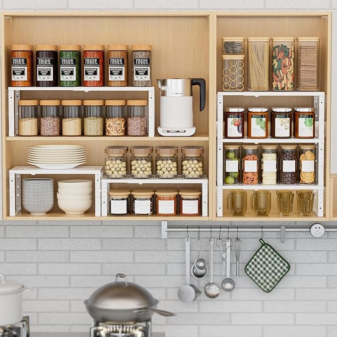 Expandable Spice Rack Kitchen Cabinet Shelf Organizer, Stackable Storage Shelves Racks, Adjustable Counter Shelving for Cabinets, Countertop, Cupboard,Pantry and More(1Pack/White/Medium)