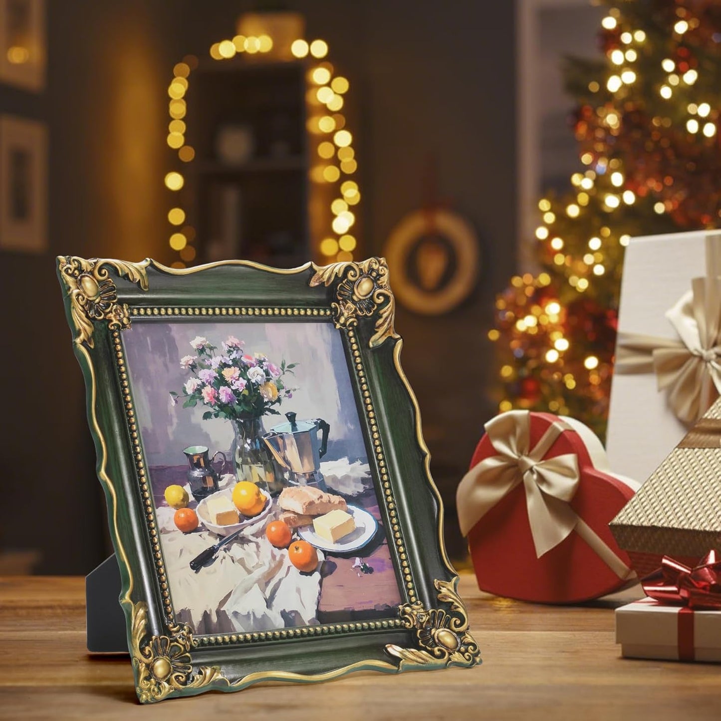 8x10 Vintage Picture Frame with Embossed Flower Design, Green Ornate Frame for 8x10 or 5x7 Pictures with White Mat, Hand-Crafted Resin Antique Frames for Tabletop & Wall Hanging, Home Decor (Green )