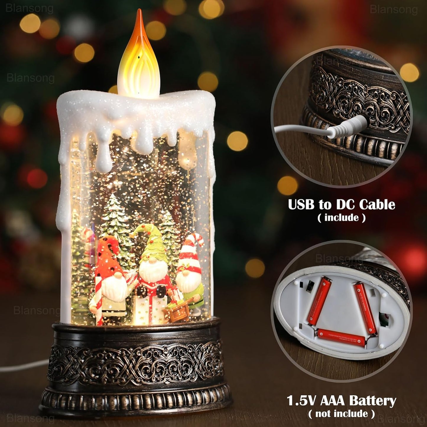 Gnome Snow Globe Candle Christmas Decorations Gifts Auto Snowfall Glitter Music Collection with 6H Timer USB/Battery Powered 9.7 inch