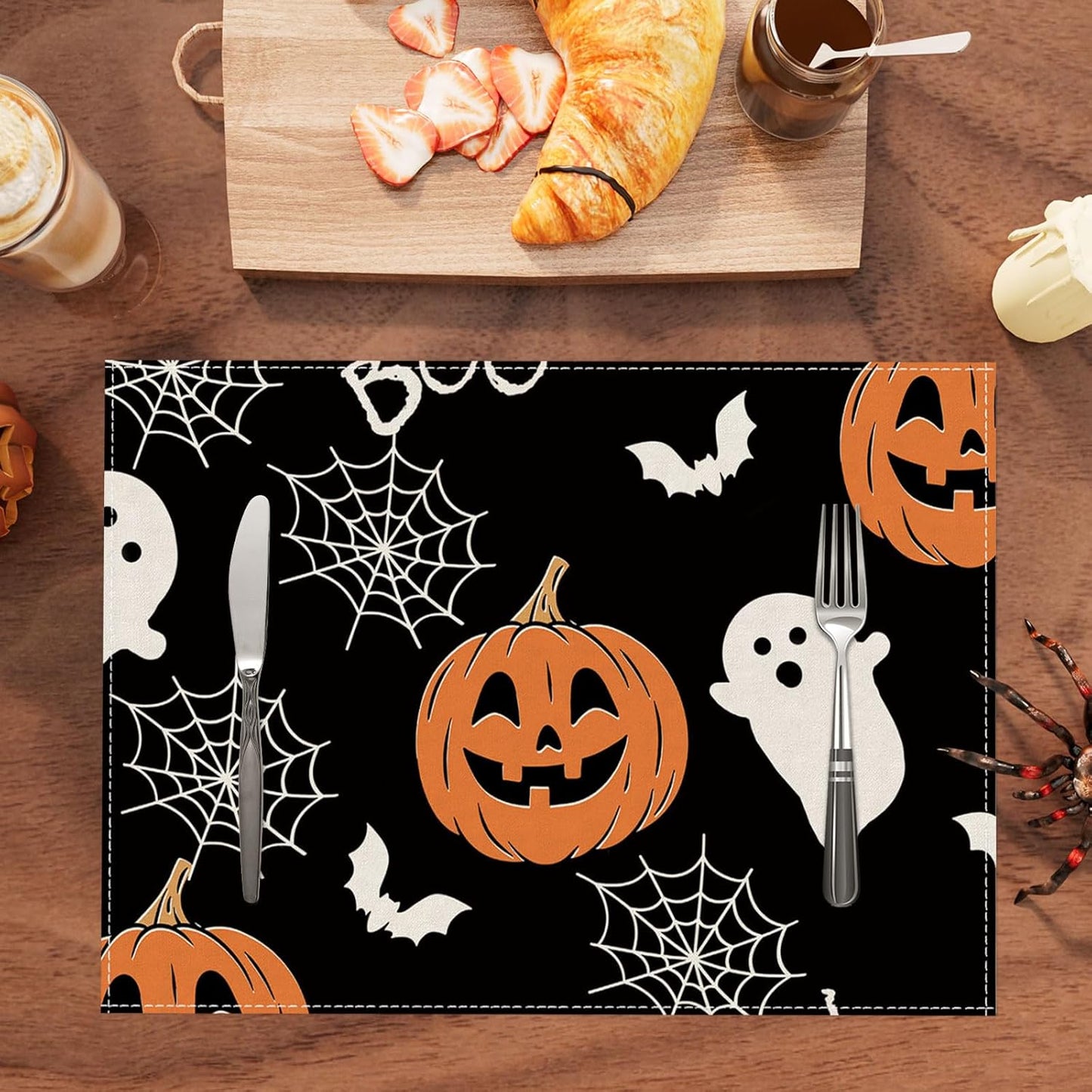 XCHI Boo Spooky Ghost Pumpkin Halloween Cloth Placemats Set of 6 Table Mats Table Decorations 12x18 Inch