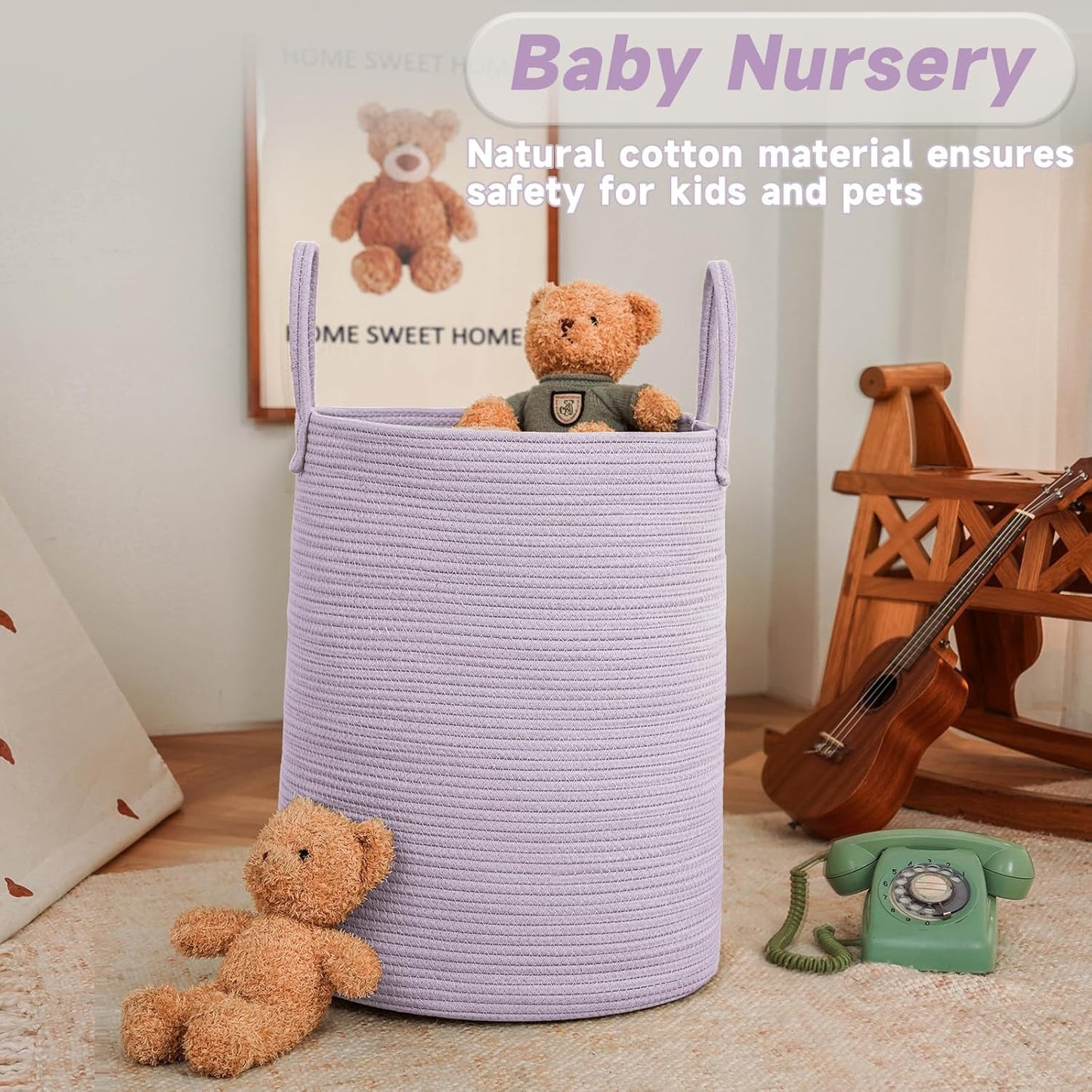 Large Woven Laundry Basket Hamper,80L Cotton Rope Storage Bin for Blankets,Toys and Clothes,Decorative Tall Nursery Hamper for Living Room,Baby Nursery,Bathroom and Bedroom,Purple