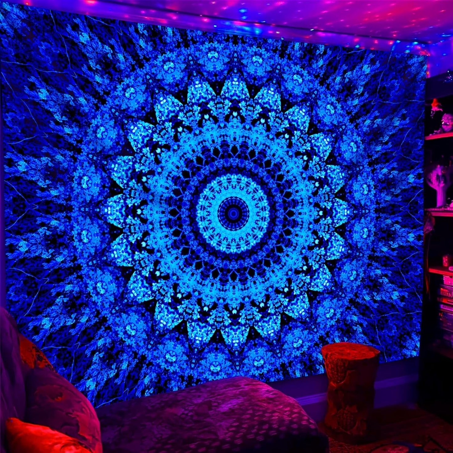 PSYHILAR Blacklight Mandala Tapestry for Bedroom, Black Light Posters for Adults and Teens, Neon UV Reactive Aesthetic Bohemian Wall Art Décor (90 x 70 Inches)