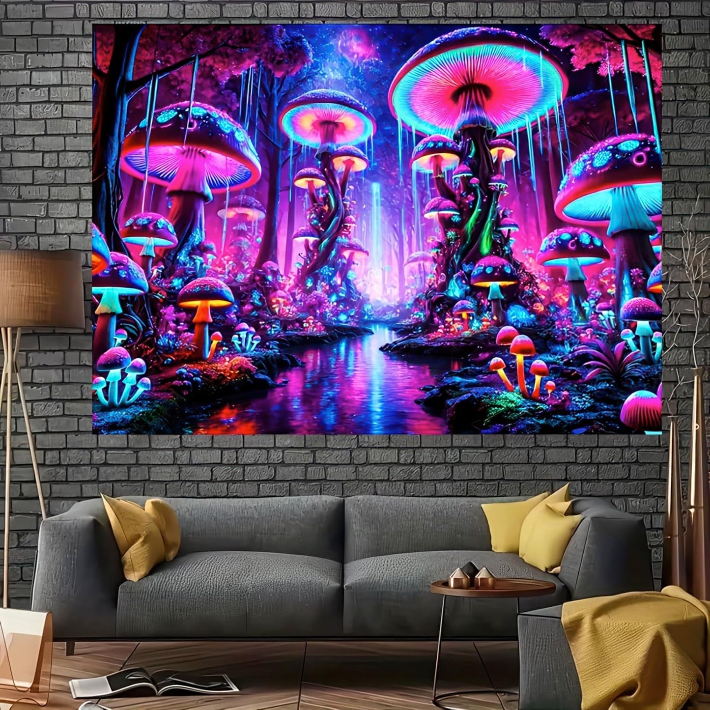 BlissYard Blacklight Tapestry UV Reactive Mushroom Tapestries Fantasy Mountain Forest Landscape Tapestry Mysterious Jungle Moon Night Neon Flower Wall Hanging Glow in the Dark Backdrop 59" x 80"