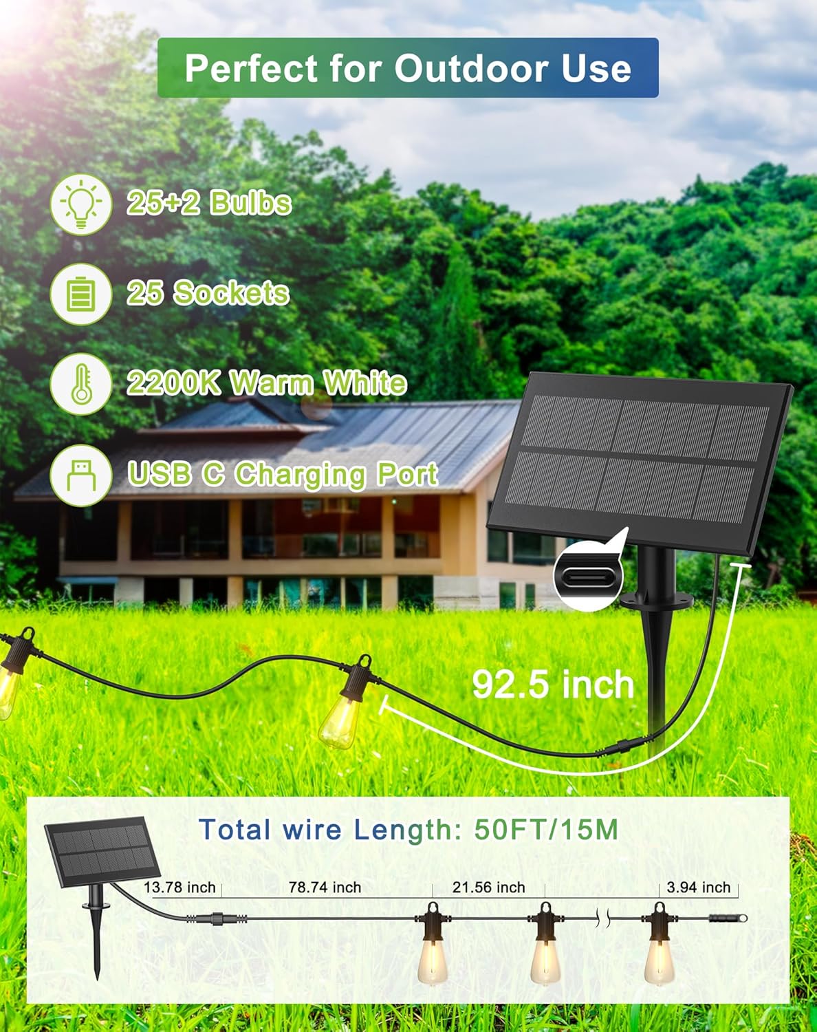 Solar String Lights Outdoor Waterproof 50FT with USB Port and 27 Shatterproof ST38 Bulbs(2 Spare), LED Solar Powered Patio Lights for Outside, Porch, Backyard, Bistro, Garden, Market - 2200K