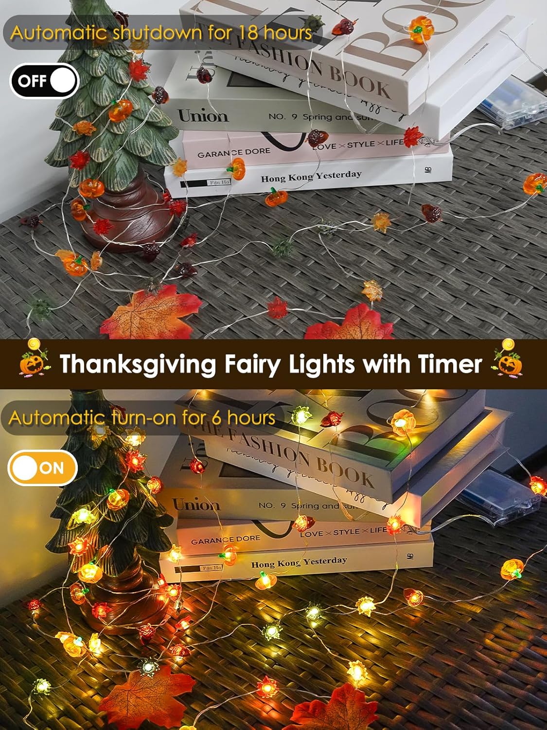 Fall Decorations 3D Pumpkin Acorn Maple Leaf Fairy Lights Battery Operated with Remote, 10FT 30 LED String Lights Outdoor & Indoor, Waterproof 8 Modes for Garland Harvest Thanksgiving Halloween Decor