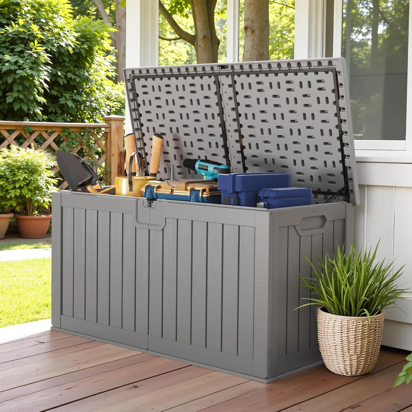 Devoko 240 Gallon Double-Wall Deck Box with Divider, Side Handles, Resin Outdoor Large Storage Box Waterproof and Lockable for Patio Furniture, Garden, Pool (Grey)