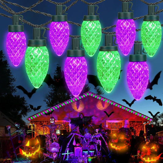 Extendable Purple and Green 2PK 100 LED C9 Halloween Lights Indoor Outdoor Waterproof, 98FT Super Bright C9 String Lights 13 Modes with Timer for Tree Patio Party Garden Halloween Decorations