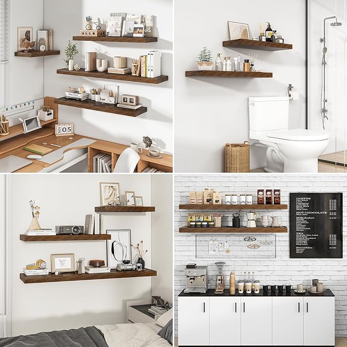 RICHFOCUS 31.5Inch Floating Shelves for Wall 2 Pack Shelves for Bedroom|Kitchen|Bathroom Wall Mounted Rustic Wood Floating Shelf with Invisible Brackets for Books|Storage|Decor, Rustic Brown