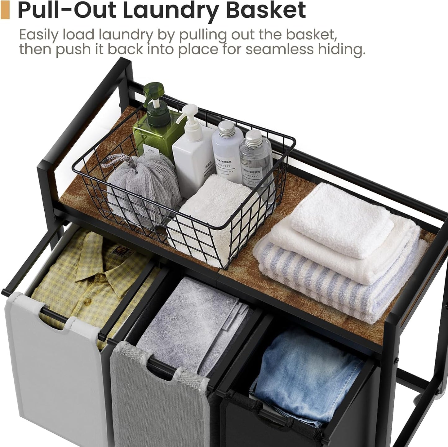 Laundry Hamper, Laundry Basket, Laundry Sorter with 3 Removable Bags, Clothes Basket with 3 Compartments, Wheels, Shelf for Laundry Room Bathroom Bedroom (3 Bags-Black Grey White)