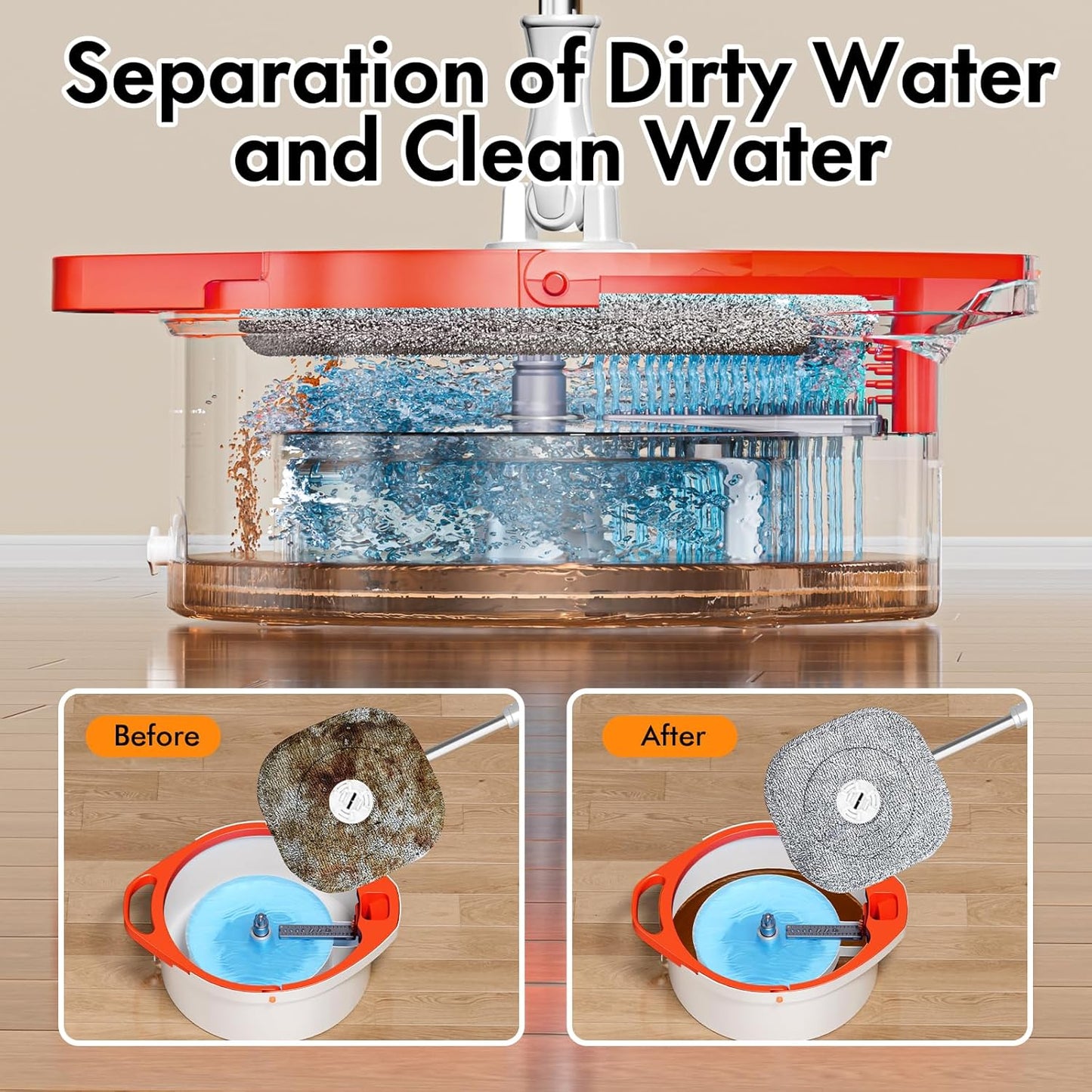 Spin Mop and Bucket Set with Separate Dirty and Clean Water,360° Spin Mop and Bucket System with Widening Foldable Handle,2 Replaceable Mop Pads,Square Mop for Floor Hardwood Tile Marble Wall Cleaning