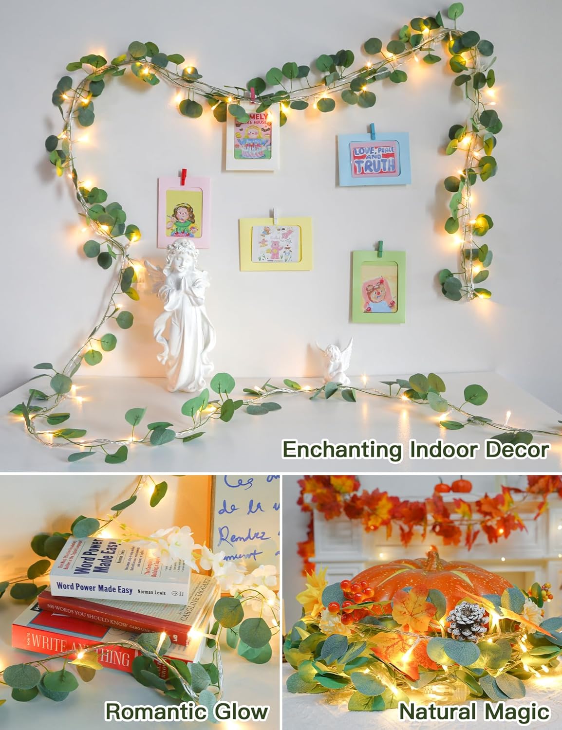 suddus Vines with Lights Plug in, 33ft 100 LED Eucalyptus Garland String Light Connectable with Remote, Leaf Lights for Bedroom, Room, Wall, Garden, Party, Wedding Decor (Warm White)