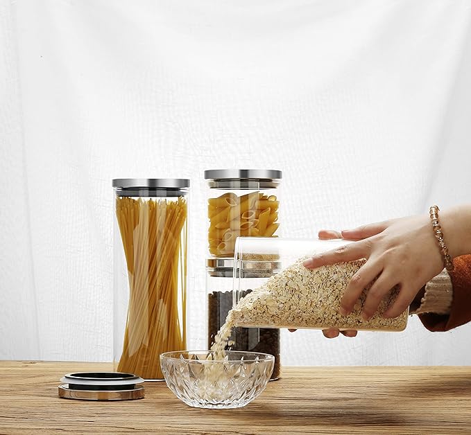 SIXAQUAE Glass Food Storage Containers Jar Stainless Steel Lids 2 Packs 1000ml Airtight Canister Organization Sets Stackable…