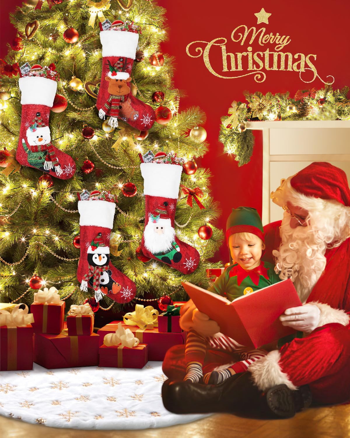 COOLWUFAN 36 Inches Christmas Tree Skirt for Xmas Tree Holiday Party Decoration White Plush Gold Sequin Snowflake (Gold)