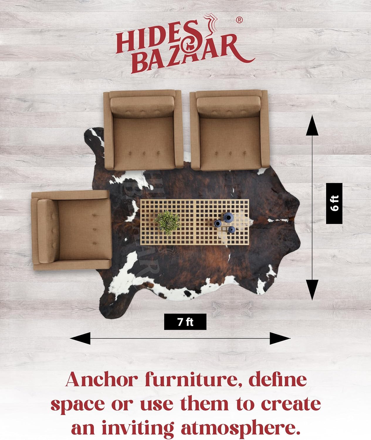 Natural Cowhide Rug for Home & Office Premium Dark Tricolor Cowhide Rug with Unique Dark Brown, Black & White Patterns- Cow Hide Rugs Made with Tanned Leather - Cow Hide Rugs 6x6-7 ft