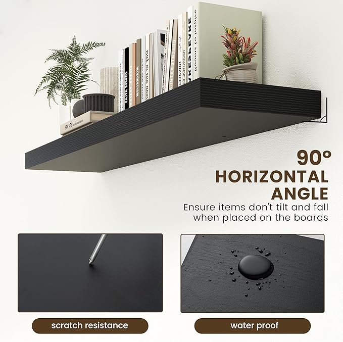 Black Floating Shelves for Wall - 55 Inch Wide x 12 Inch Deep Wall Shelves Set of 1 - Rustic Black Wood Shelves for Living Room, Bathroom, Laundry Room, Bedroom, Kitchen, Home Office