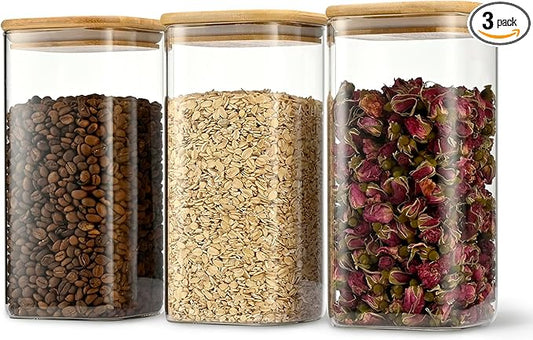52oz Airtight Glass Square Storage Canister with Bamboo Lid Set of 3 (1550ml) Container Stackable Spice Jar, Kitchen Canister for Flour, Cookies, Cereal and Coffee beans (‎with Black Lable)