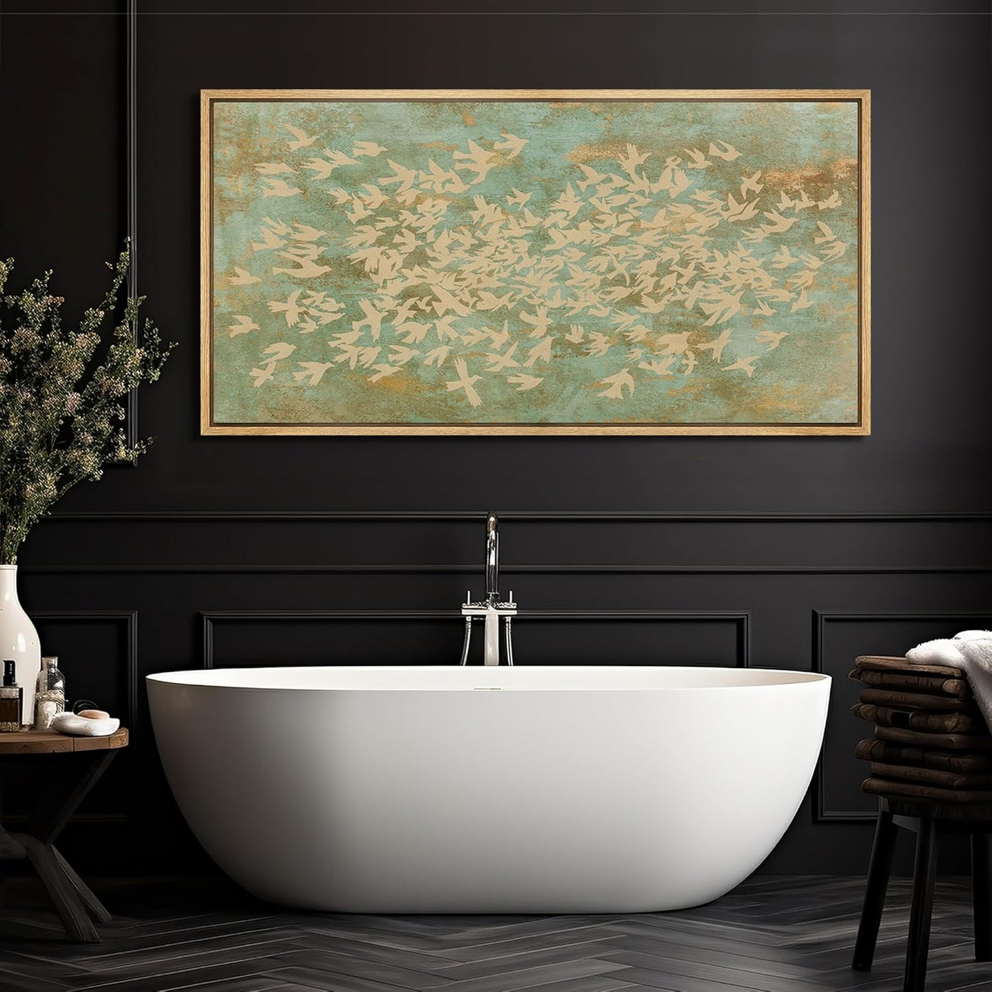 MUDECOR Extra Large Framed Canvas Print Wall Art Rustic Birds in Flight Abstract Pattern Antique Retro Fine Art Illustrations Decorative Colorful for Bedroom - 60"x30"