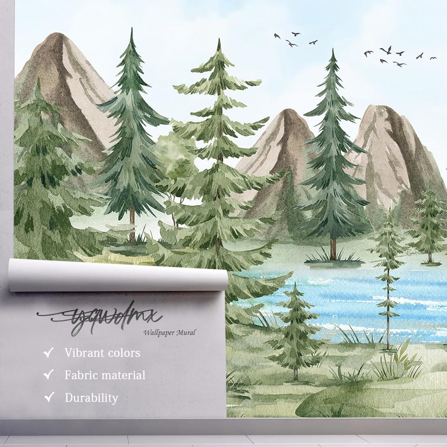 -Watercolor Green Pine Mural Cartoon Forest Fabric Wallpaper Children's Room 100" x 65"(Not Peel and Stick)