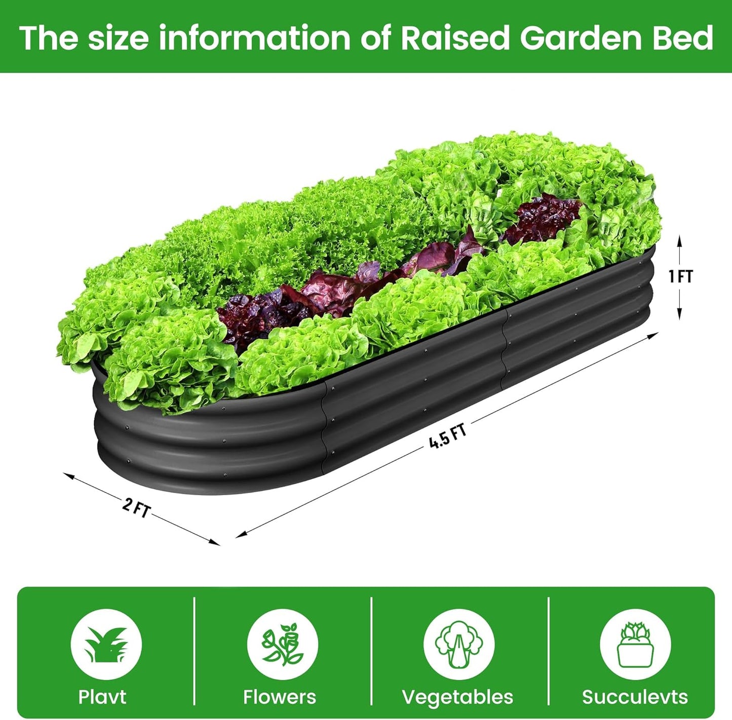 2 Pcs 4.5x2x1ft Oval Raised Garden Bed, Galvanized Raised Beds,Open-Ended Base Metal Raised Planter Beds,Garden Bed Outdoor,Planter Raised Boxes for Vegetables, Flowers,Tool-Free Asse,Gray