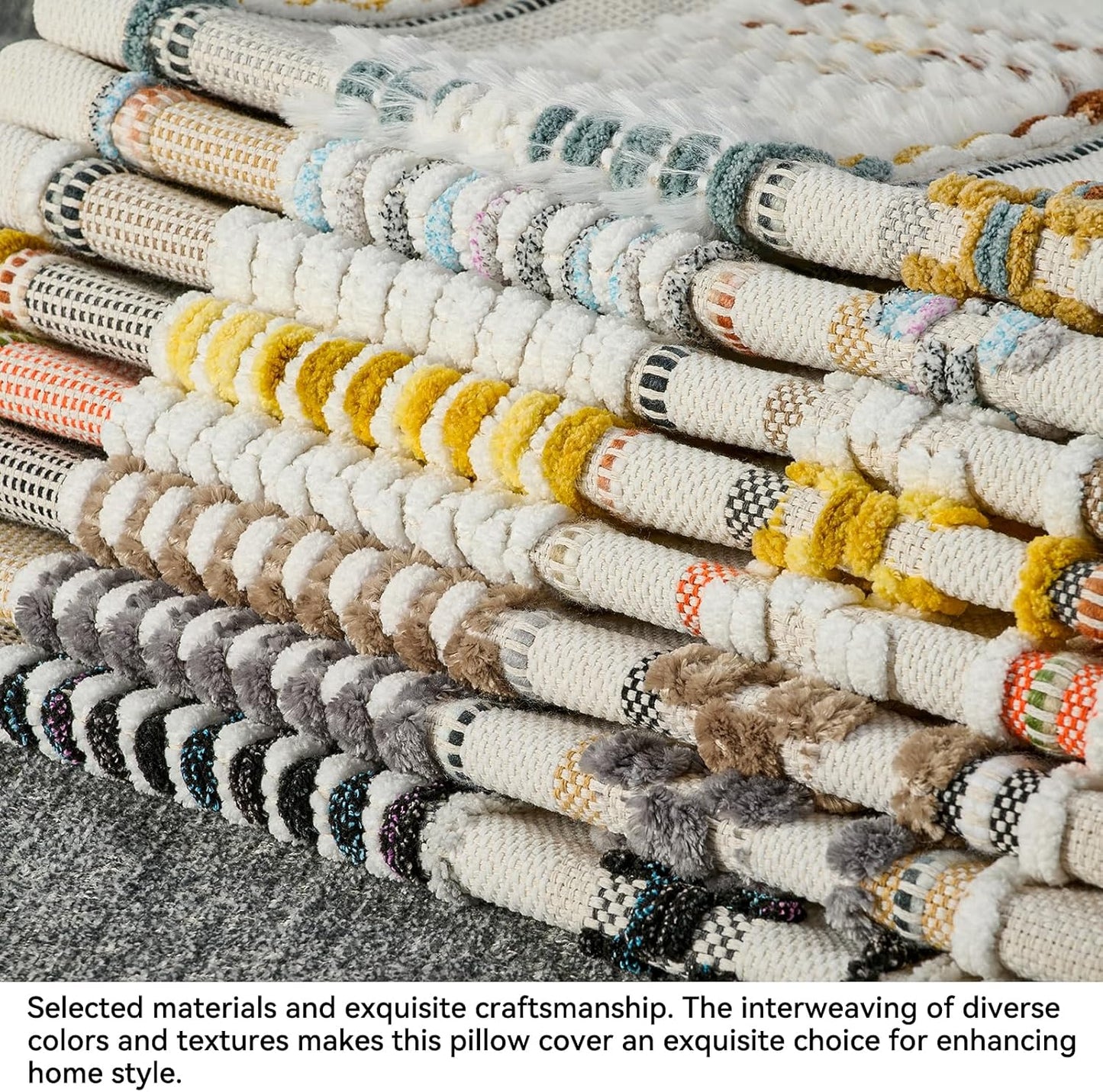 AmHoo Set of 2 Chenille Striped Textured Boho Throw Pillow Covers Aesthetic with Tassels Woven Decorative Pillow Case for Couch Bed Sofa Bedroom Modern Funky 18 x 18-Inch Yellow