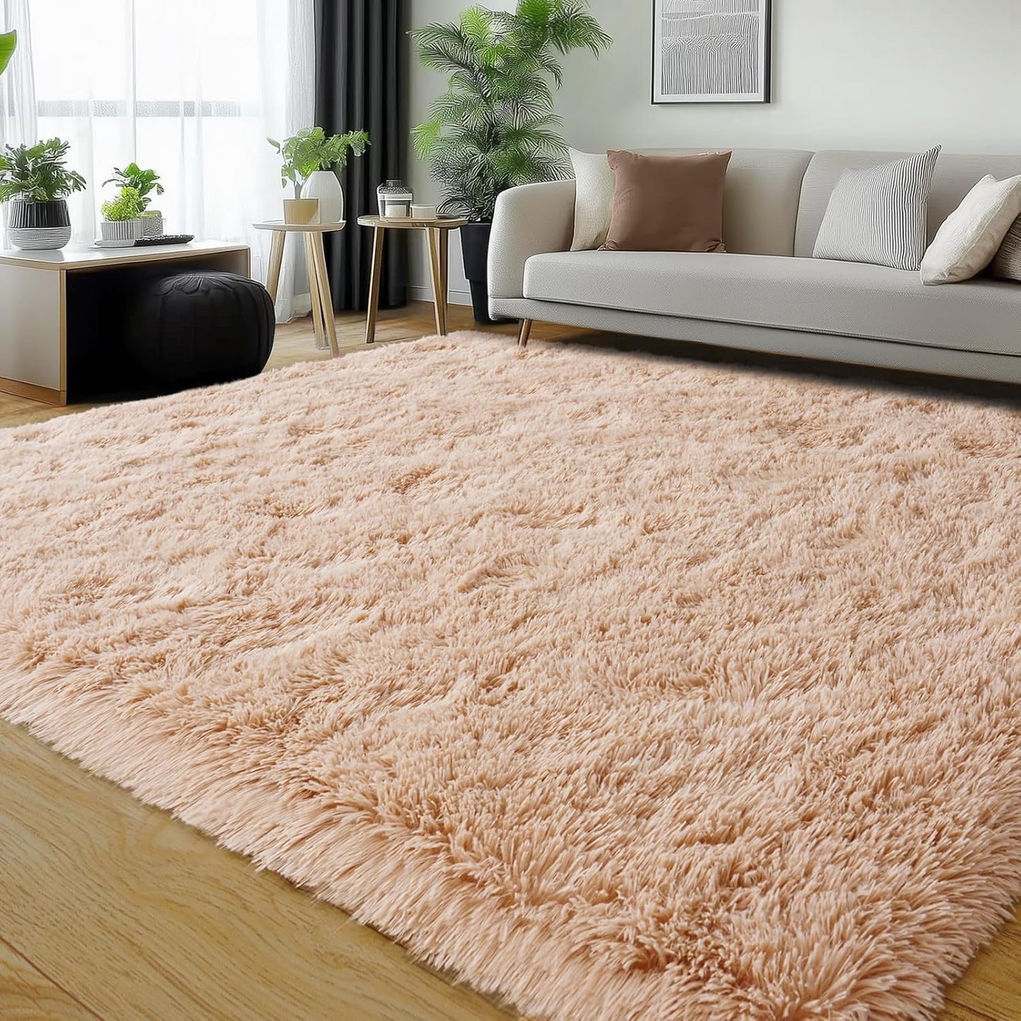 Rezutan 9x12 Feet Large Fluffy Area Rug for Bedroom Living Room, Camel Modern Indoor Carpets Room Colorful, Plush Indoor Nursery Classroom Home Decor Bedside Rug with Non-Slip Bottom