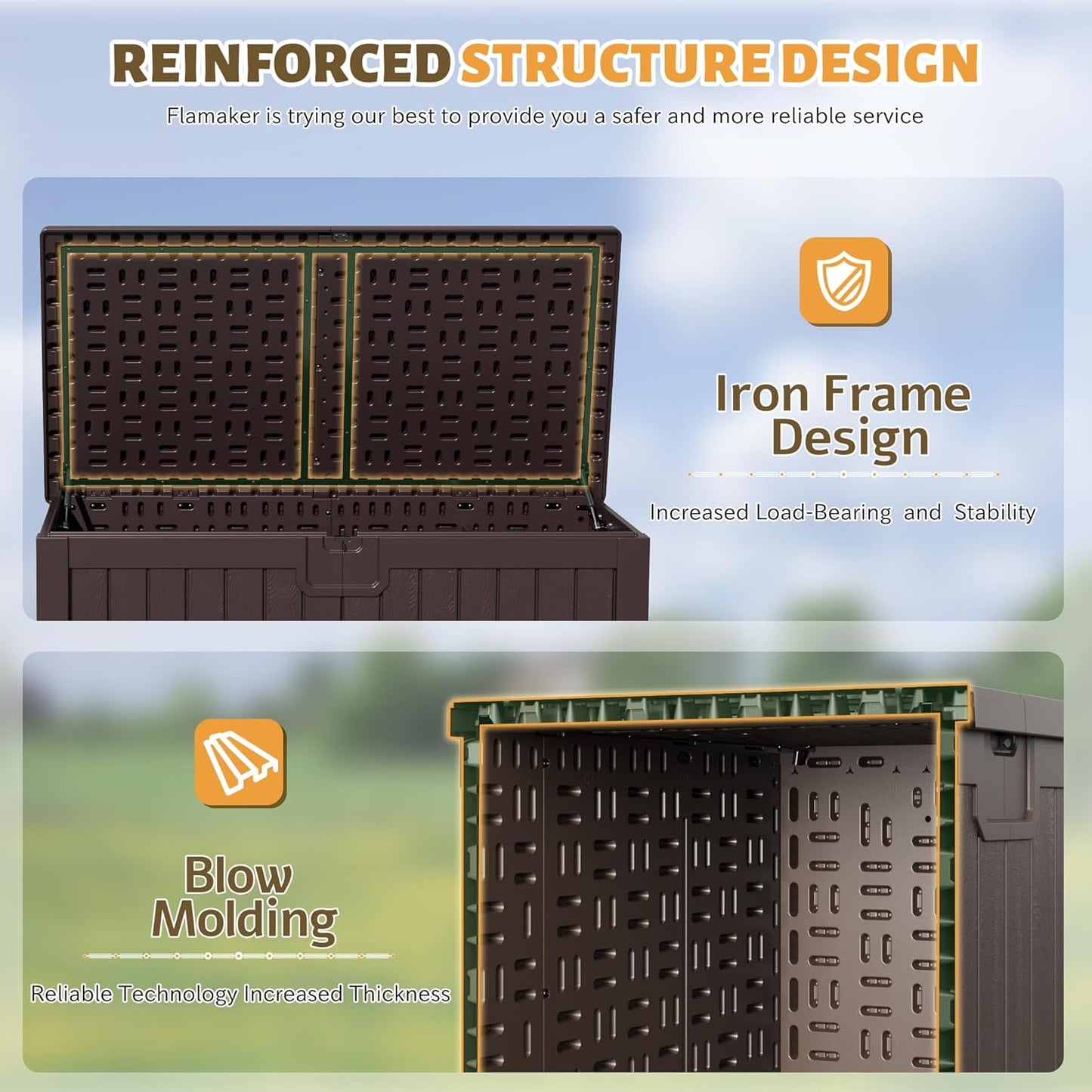 Flamaker Resin Deck Box 250 Gallon, Waterproof Imitation-Wood Lockable Storage Box with Separator Plate Outdoor Indoor, Garden, Patio Furniture for Tools&Pool Accessories (Deep Brown)