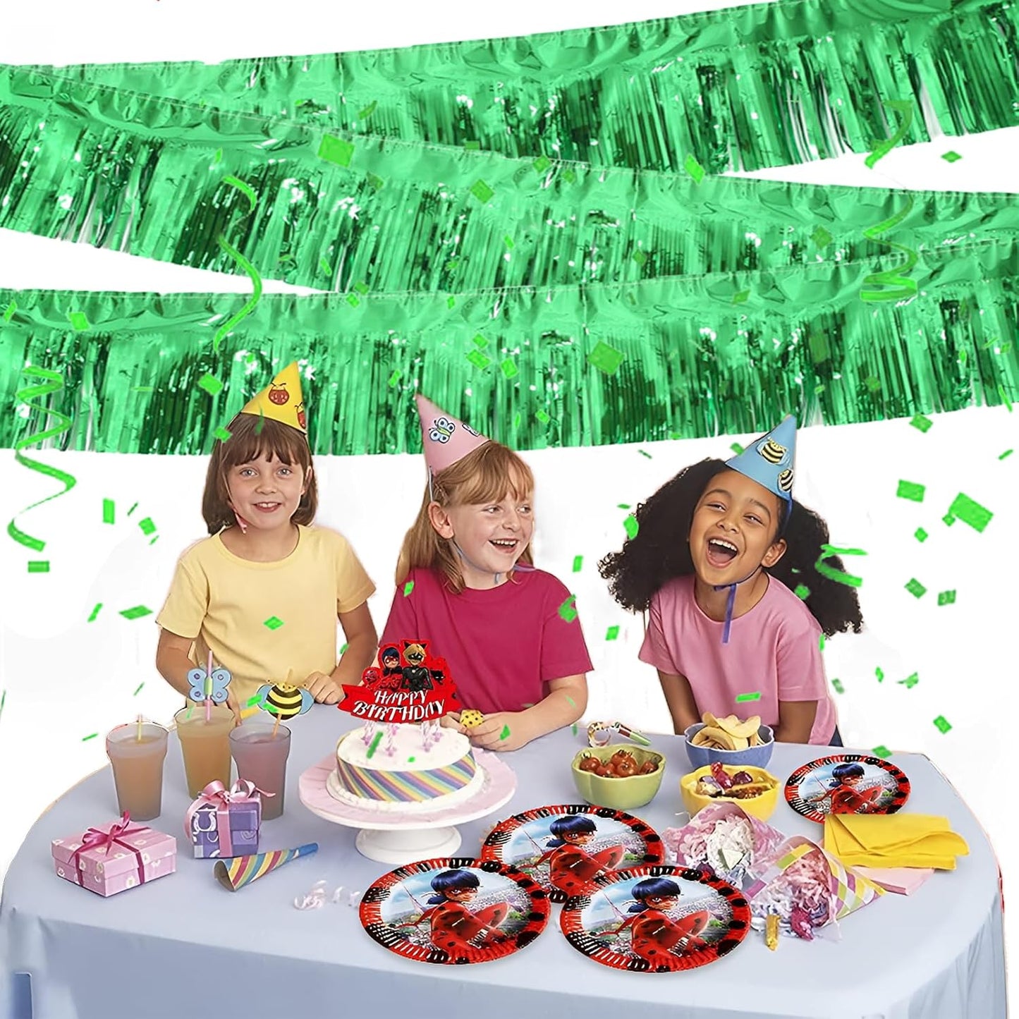 Green Foil Fringe Garland 10FT 2packs, Metallic Foil Tinsel Fringe Banners for Parade Float Decorations Wedding, Birthday Party Graduation (Two Green)