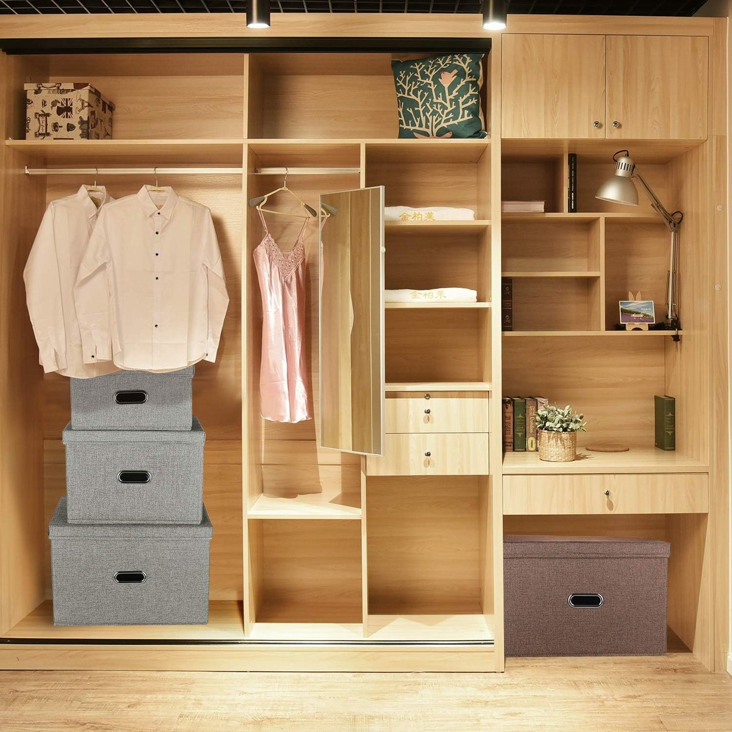 Large Linen Fabric Foldable Storage Bins with Removable Lid and Handles, Washable Storage Box Organizer Containers Baskets Cube with Cover for Bedroom,Office(Cream, Medium(2-Pack))